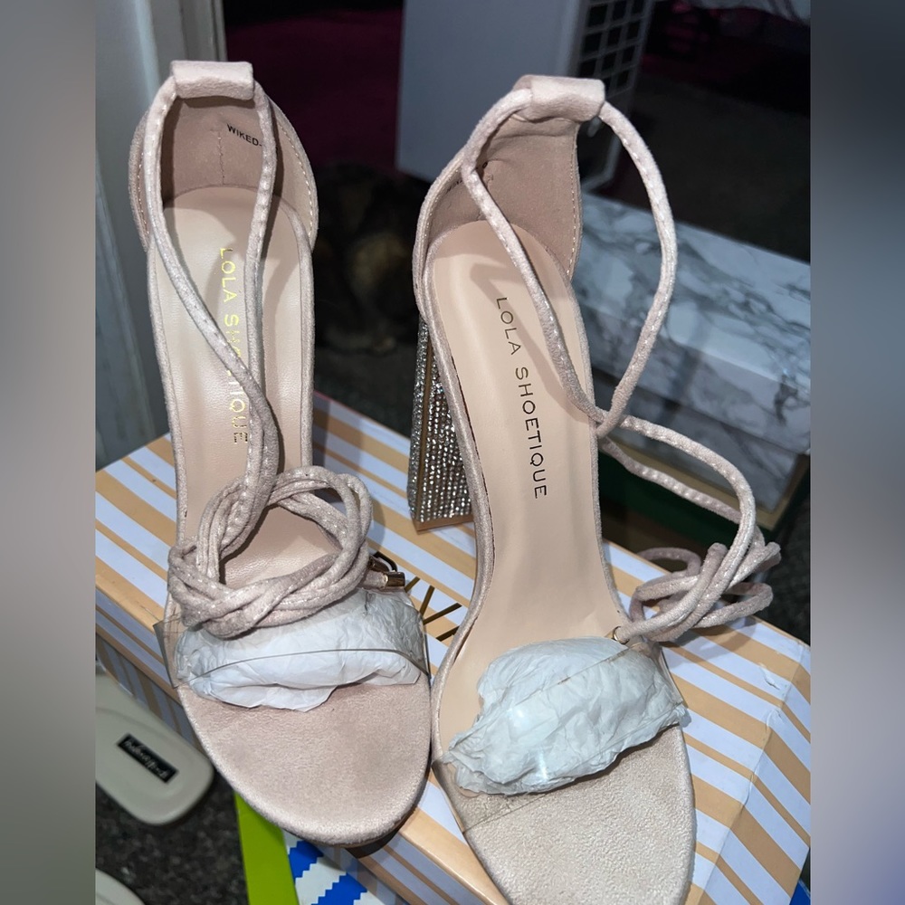 Blush/Nude Rhinestone High Heel with Clear Strap - Picture 10 of 11